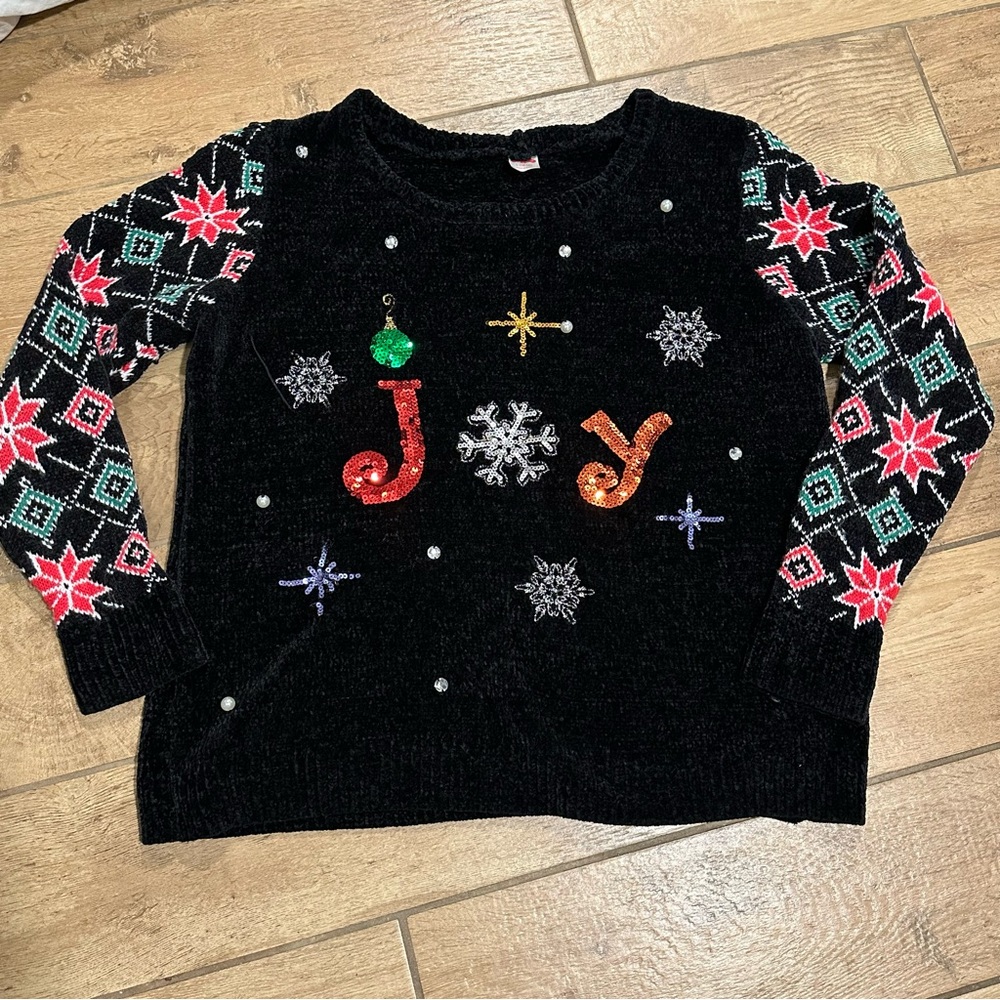 Holiday Time Christmas Sweater size L 12/14 Black Poinsettia Sequin cowl Joy